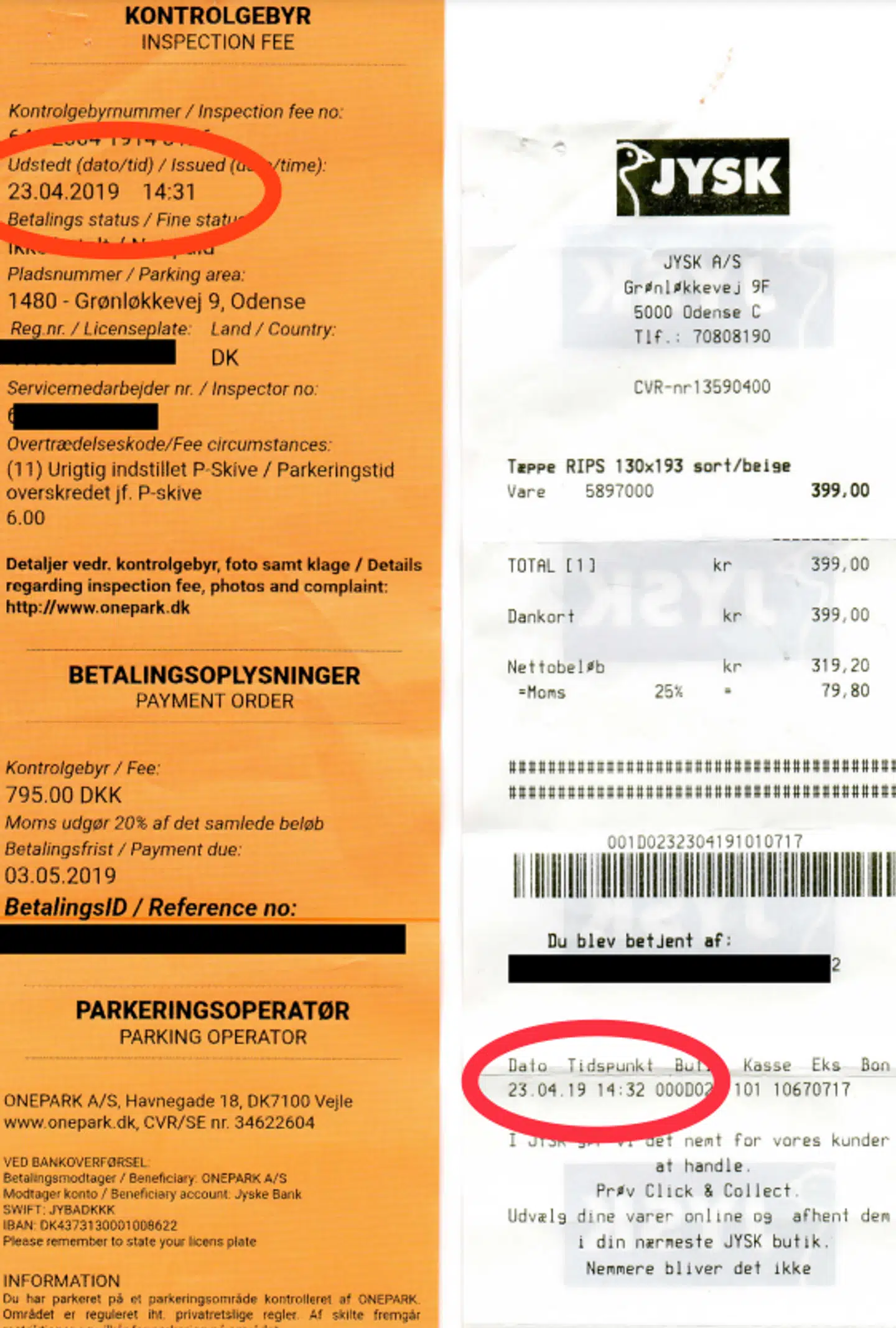 Som det fremgår af Sven Panch Pedersens bon, er tæppet betalt blot et minut efter at p-bøden er givet.
