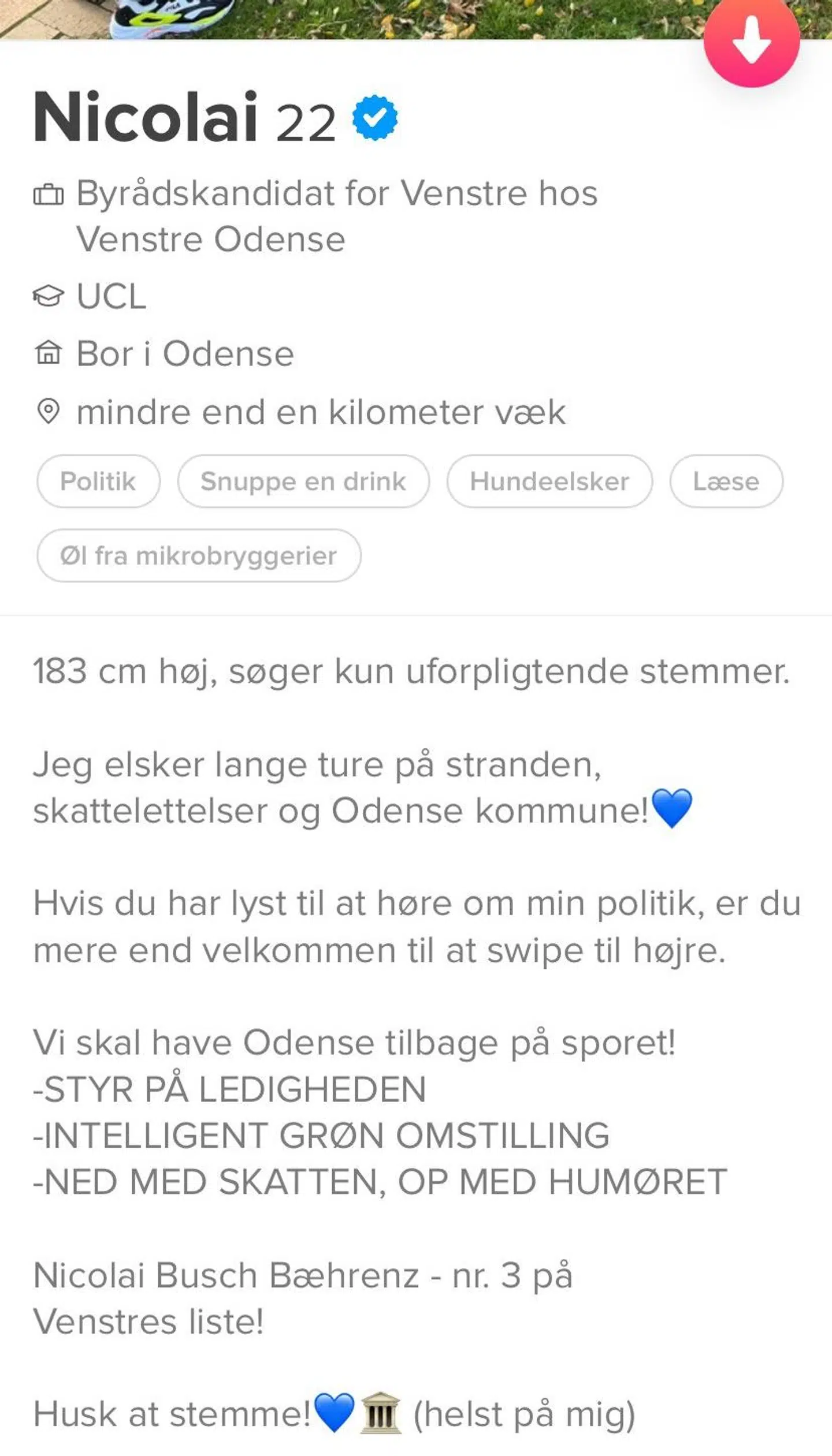 Her kan du læse, hvad byrådskandidat Nicolai Busch Bæhrenz prøver at lokke stemmer ud af folk med.