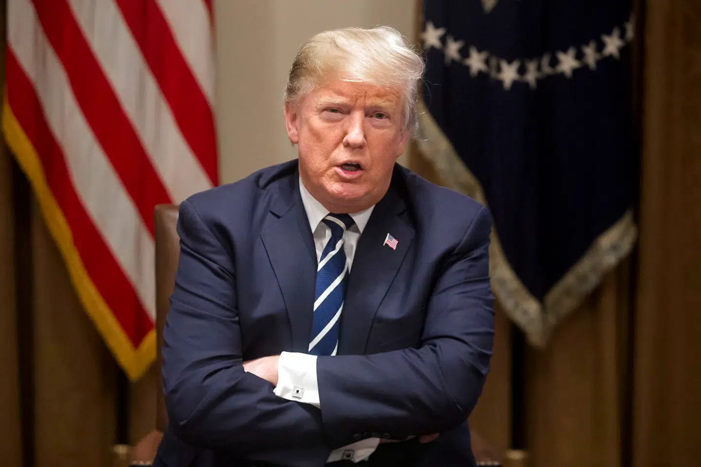 epaselect epa06895349 US President Donald J. Trump delivers remarks to members of the news media while meeting with members of Congress in the Cabinet Room of the White House in Washington, DC, USA, 17 July 2018. President Trump has received bipartisan criticism for his handling of a news conference with President of Russia Vladimir Putin in Helsinki, 16 July. Critics accuse Trump of failing to stand up to the Russian leader and betraying US intelligence agencies by publicly casting doubt on their findings. EPA/MICHAEL REYNOLDS