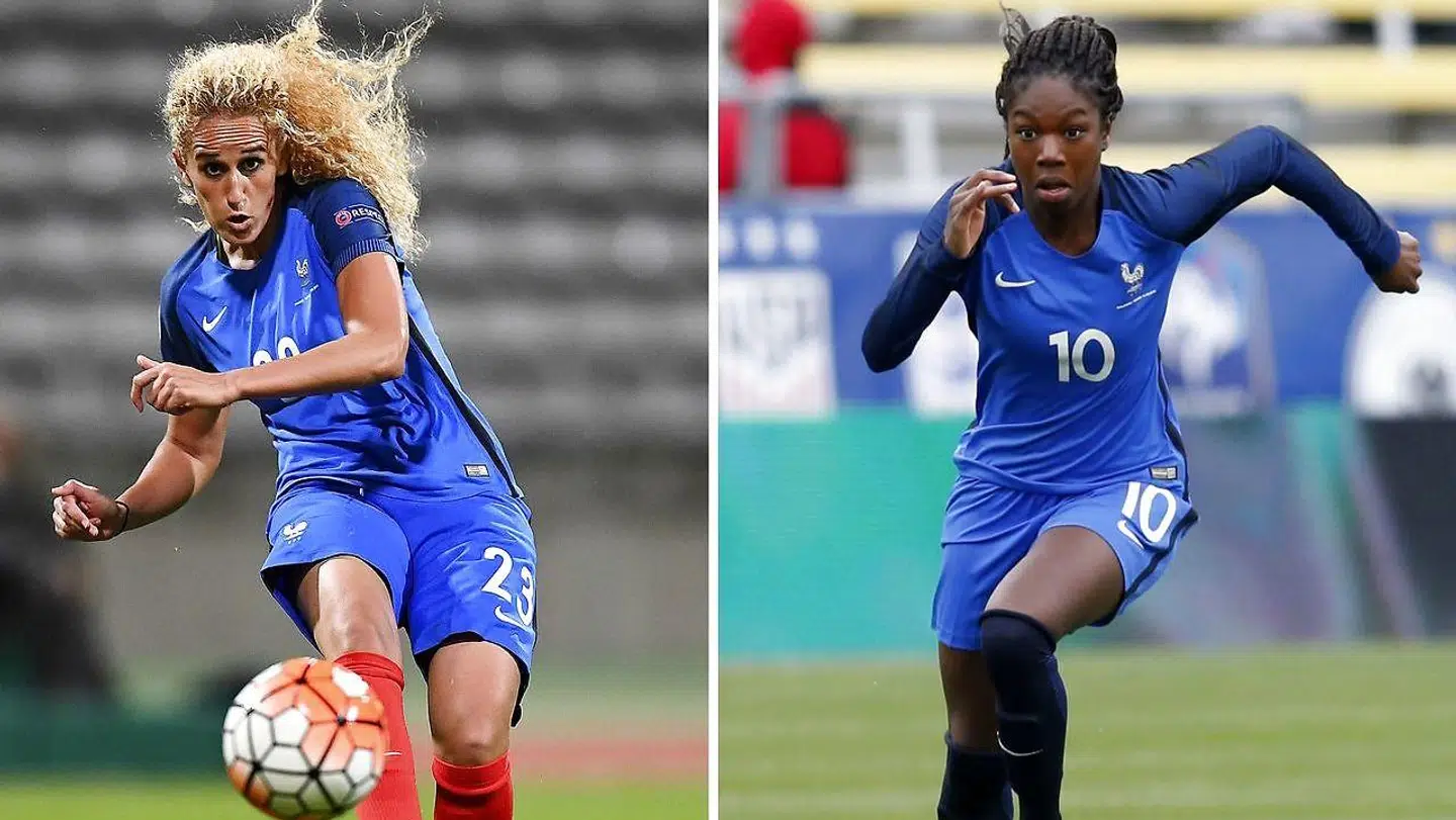Kheira Hamraoui (tv.) blev overfaldet for en uge siden. Hendes holdkammerat i PSG og på landsholdet Aminata Diallo (th.) var mistænkt for at være en af de, der stod bag.