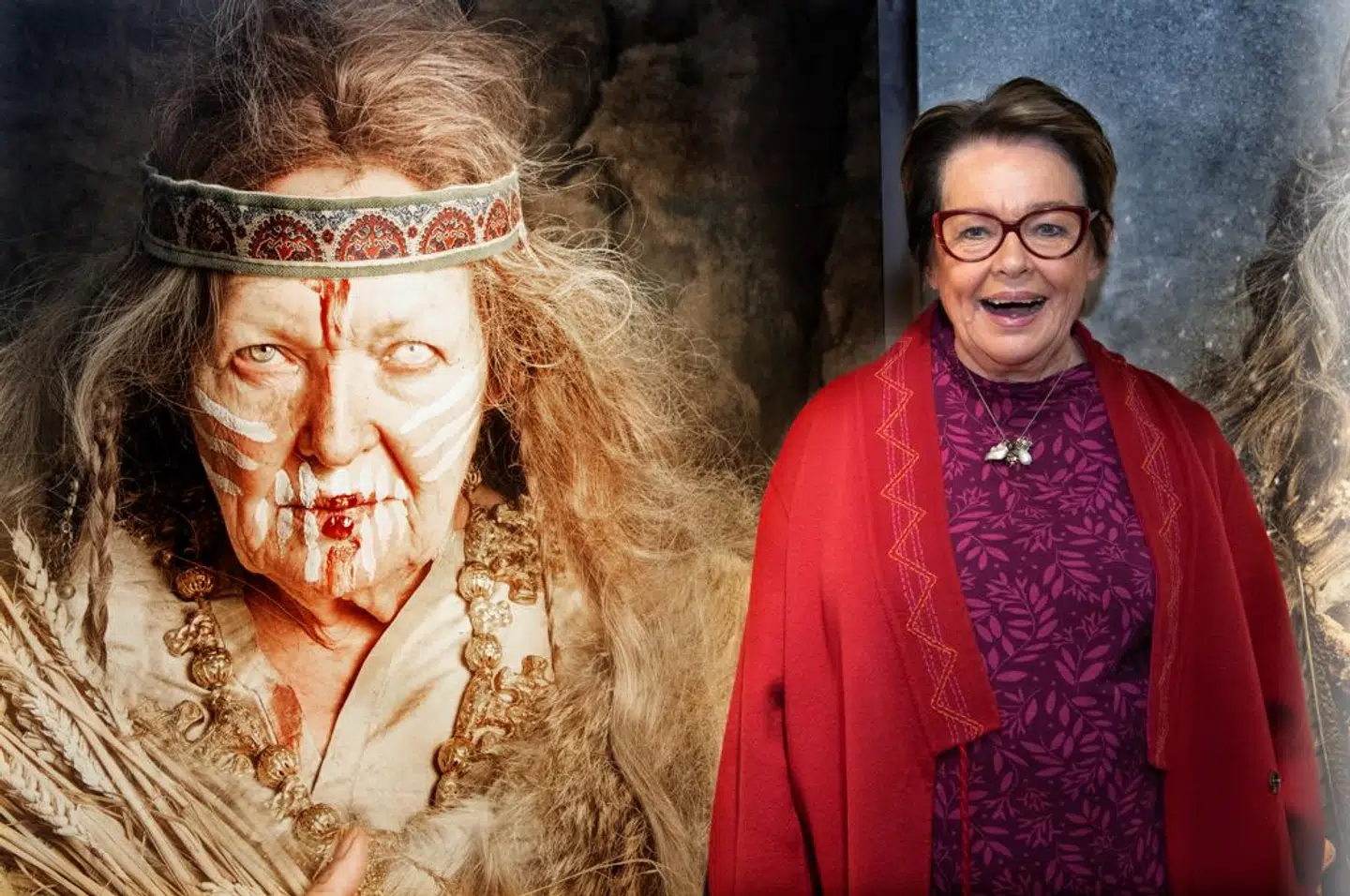 Ghita Nørby foran sit vølvebillede på Køge Museum.