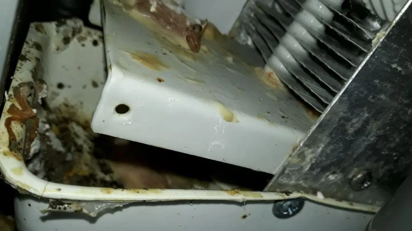 Fotodokumentation af en fedtet og snavset bakke ved et kølebord ved et komfur i køkkenet på Restaurant Magasasa – Dim Sum & Cocktails. Billedet er fra et tidligere kontrolbesøg, der medførte, at restauranten blev politianmeldt. Foto: Fødevarestyrelsen