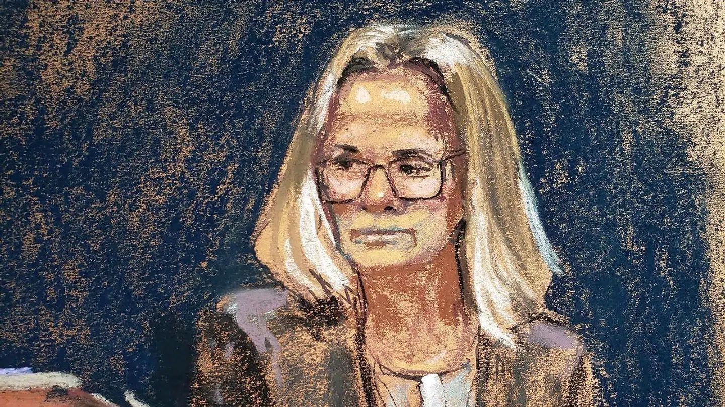 Eva Andersson er her tegnet i retten af tegneren Jane Rosenberg.