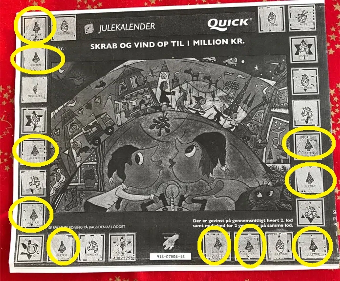 Fotokopi af Erling og Karins oprindelige vinderkalender fra 2007. Originalen skulle de aflevere, da de vandt. Som man kan se, indeholder den ti juletræer.