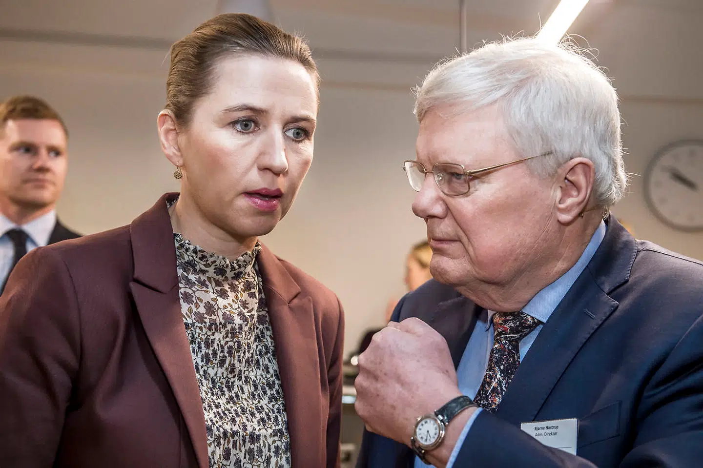 Mette Frederiksen (S) og Bjarne Hastrup, administrerende direktør i Ældre Sagen, inden debat om sundhed, ældrepleje og værdig tilbagetrækning hos Ældre Sagen i København onsdag 6. februar 2019. (Foto: Mads Claus Rasmussen/Ritzau Scanpix)