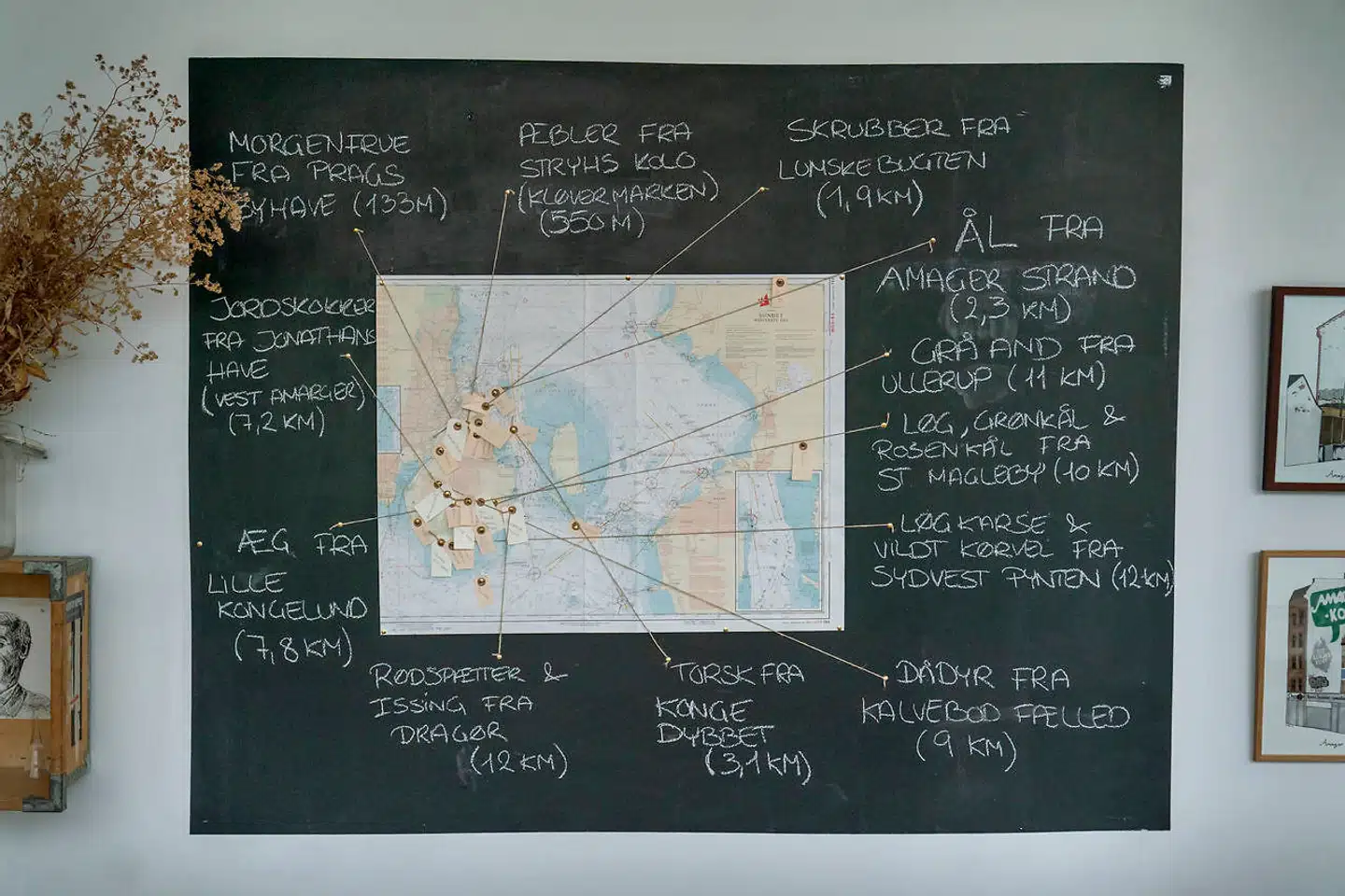 En planche på væggen kortlægger hvorfra på og omkring Amager, de forskellige råvarer kommer.