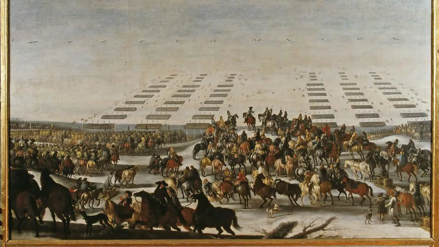 Svenskerne går over Storebælt fra Langeland. Maleri af Johann Philip Lemke.Illustration fra bogen.