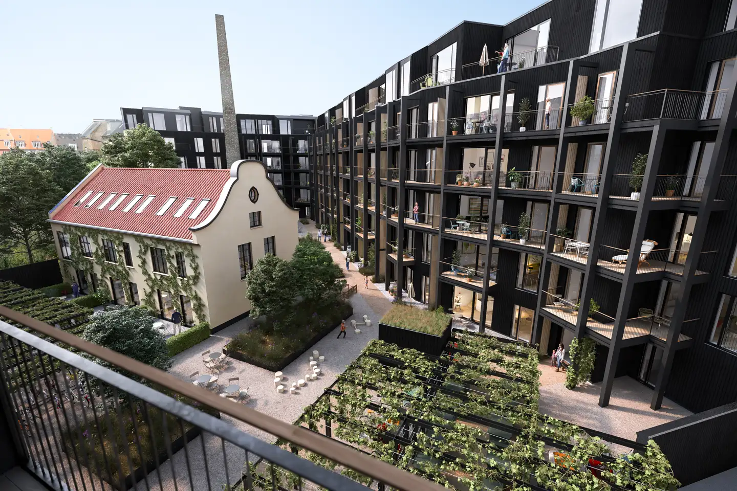 Toves Gaard set fra oven – her er skorstenen i sin oprindelige højde. Der er tale om en foreløbig 3D-visualisering med forbehold for fejl og ændringer.