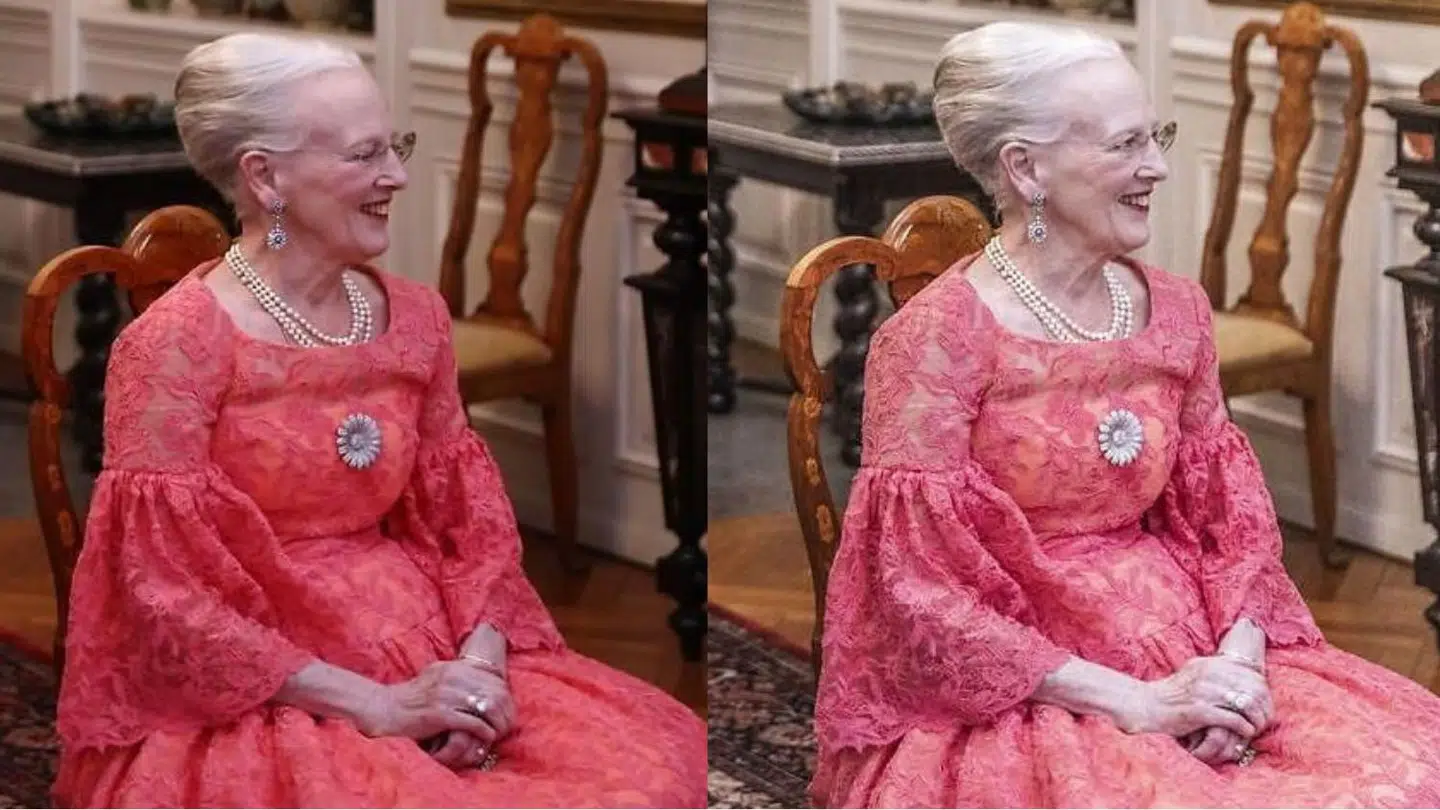 Her kan du se forskellen på et ikkeredigeret billede af dronning Margrethe (venstre) og et billedbehandlet billede af hende (højre). Tænderne kommer også her til at se hvidere ud, fordi billedet er gjort lysere.