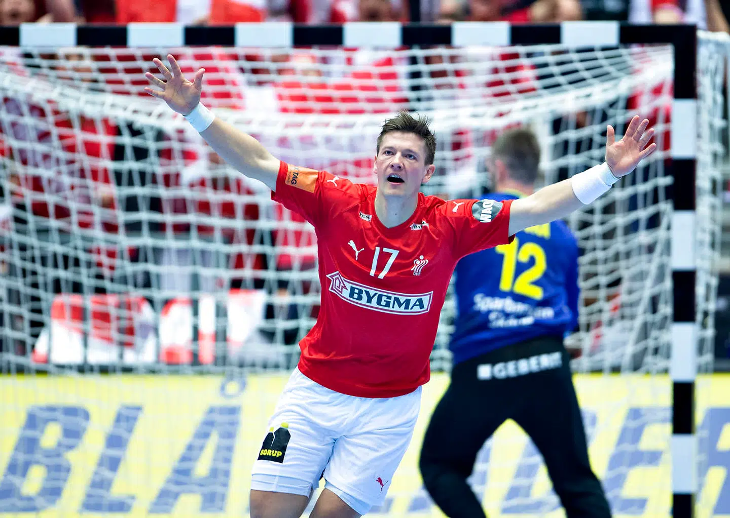 Lasse Svan of Denmark during the men's IHF Handball World Championship Main Round Group 2 match between Denmark and Sweden in Herning, Denmark, Wednesday, Jan. 23, 2019.