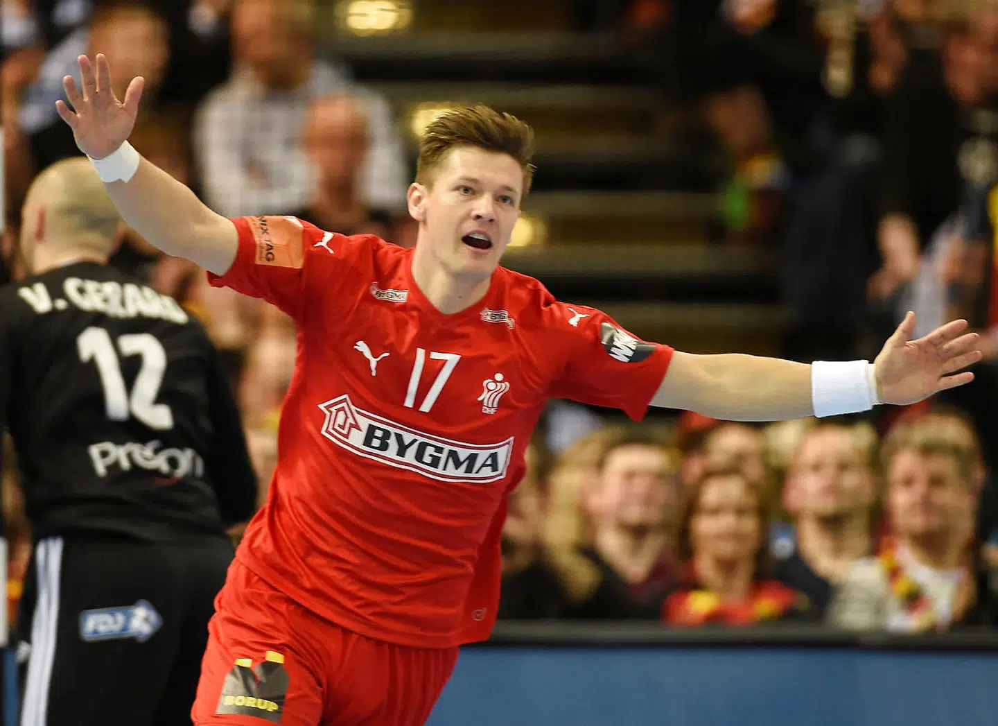 IHF Handball World Championship - Germany & Denmark 2019 - Semi Final - Denmark v France - Barclaycard Arena, Hamburg, Germany - January 25, 2019 Denmark's Lasse Svan celebrates during the match REUTERS/Fabian Bimmer