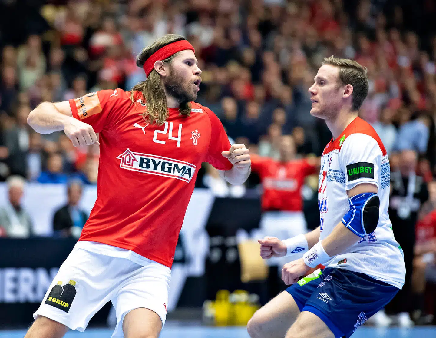 Mikkel Hansen of Denmark celebrates during the men's IHF Handball World Championship Group C match between Denmark and Norway in Herning, Denmark, Thursday, Jan. 17, 2019.