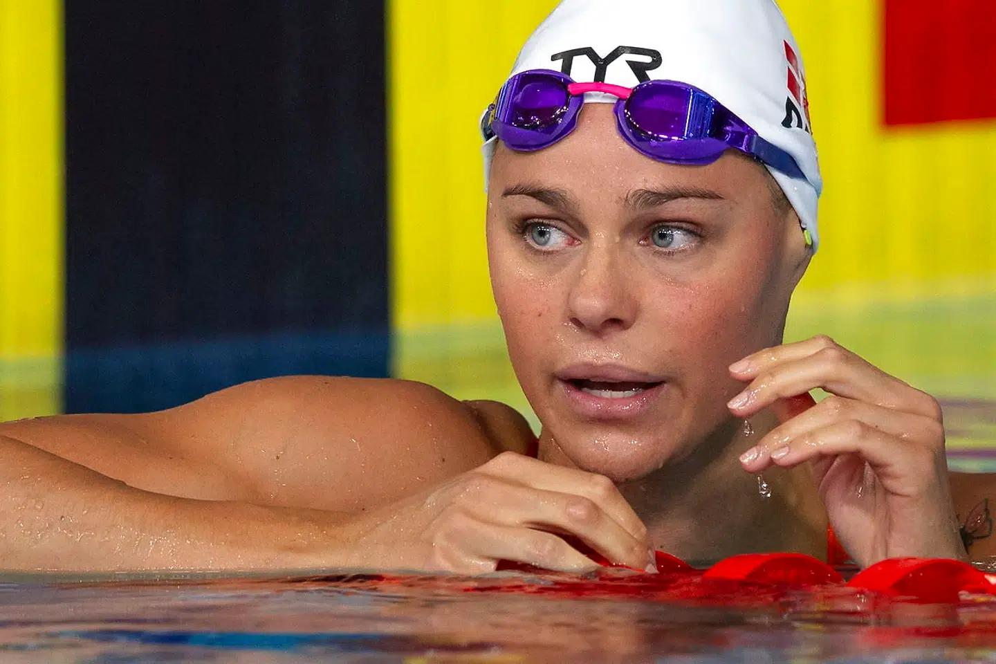 epa06933157 Pernille Blume of Denmark reacts after competing in the women's 100m Freestyle Semifinal at the Glasgow 2018 European Swimming Championships, Glasgow, Britain, 7 August 2018. Pernille Blume of Denmark missed to qualify for the final, scheduled on 08 August 2018. EPA/PATRICK B. KRAEMER