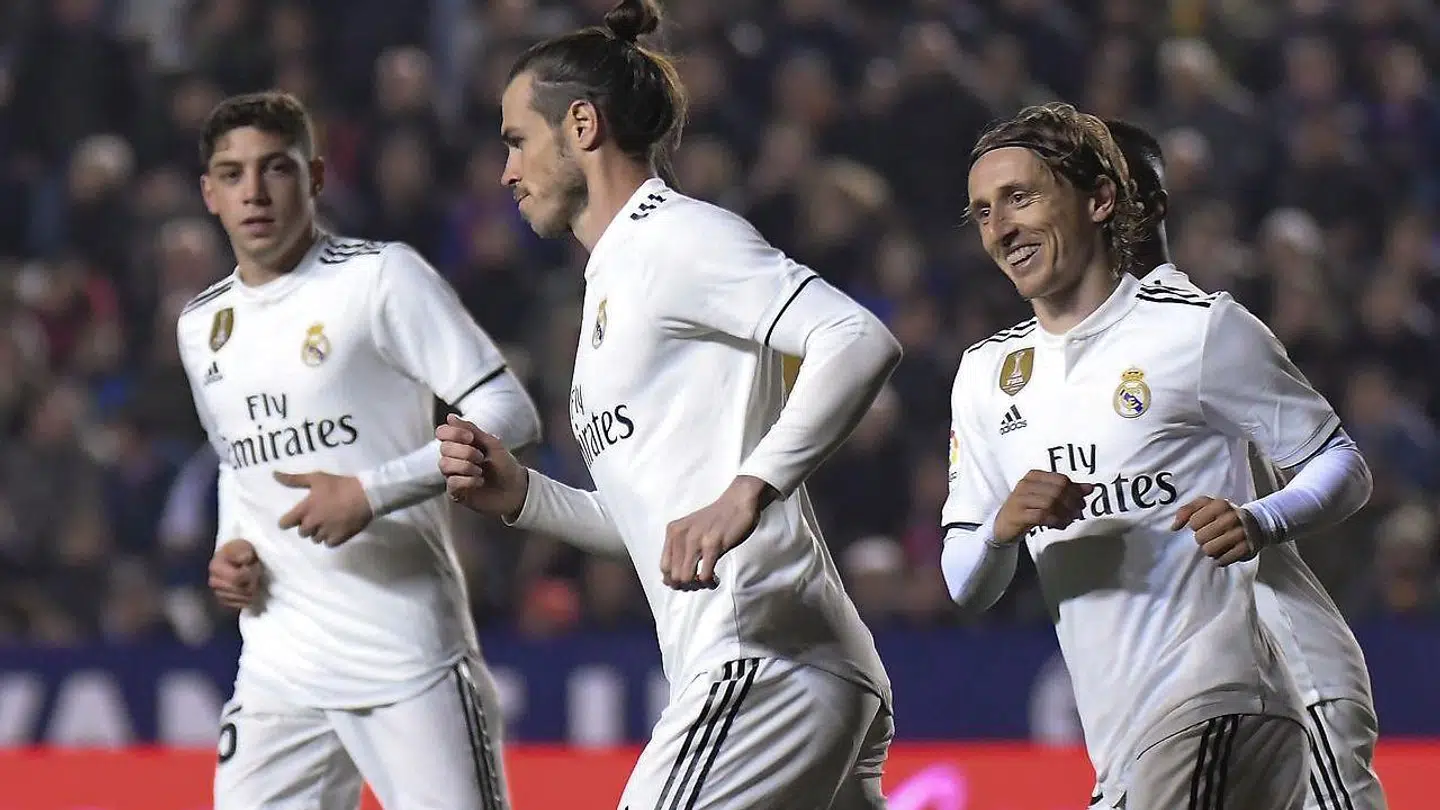 Gareth Bale (i midten) ville ikke fejre sit mål mod Levante med resten af holdkammeraterne. Tilsyneladende fordi han er vred på flere af dem.