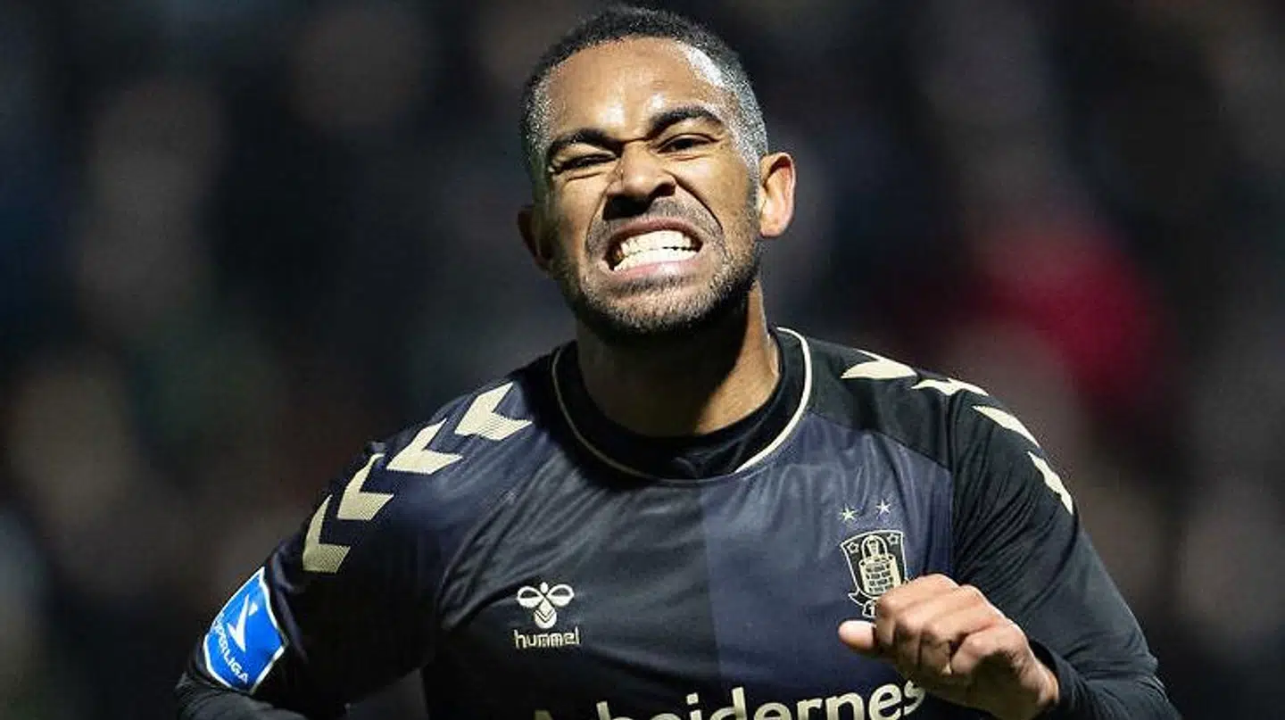 Brøndbys Kevin Mensah har scoret til 1-0 i kvartfinalen af Sydbank pokalen mellem Vendsyssel FF og Brøndby IF på Nord Energi Arena i Hjørring, torsdag 28. februar 2019.. (Foto: Henning Bagger/Ritzau Scanpix)