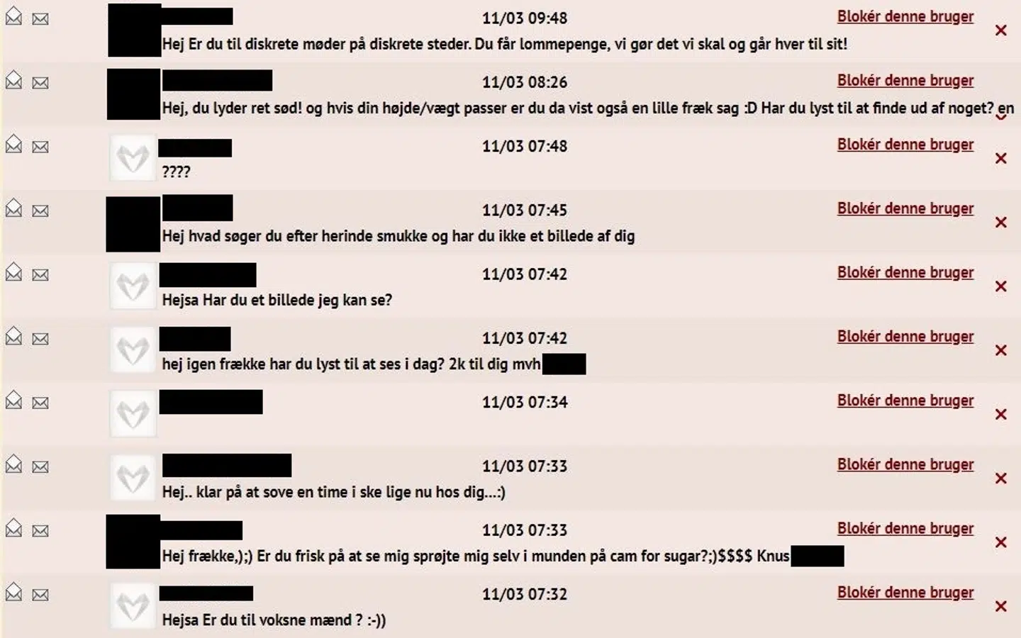 Her er et screenshot af nogle af de beskeder, som den fiktive bruger har modtaget. Her ses omkring ti beskeder - modtaget på ca. to timer. B.T. har sløret afslørende navne eller brugernavne.