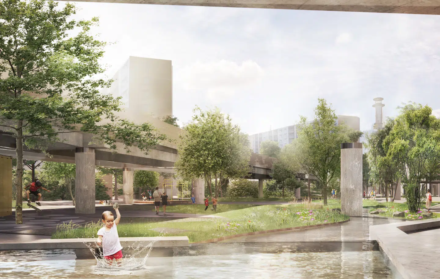 Denne visionsskitse fra marts 2022 giver et bud på, hvordan det kan se ud, hvis Bispeengbuen rives ned, og Ladegårdsåen fritlægges. Illustration: Tegnestuen Vandkunsten