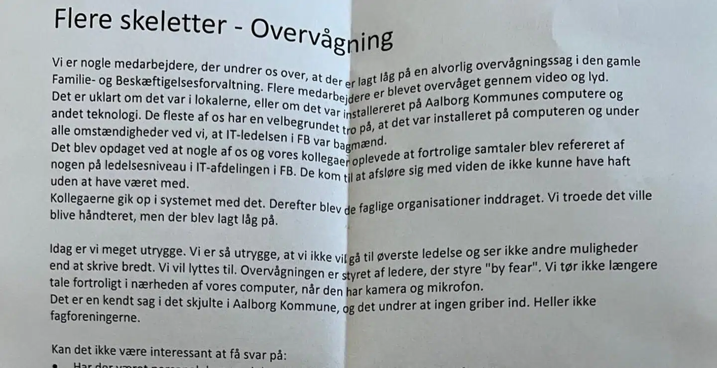 Det anonyme brev blev sendt til en række medier og politikere tirsdag 19. april.