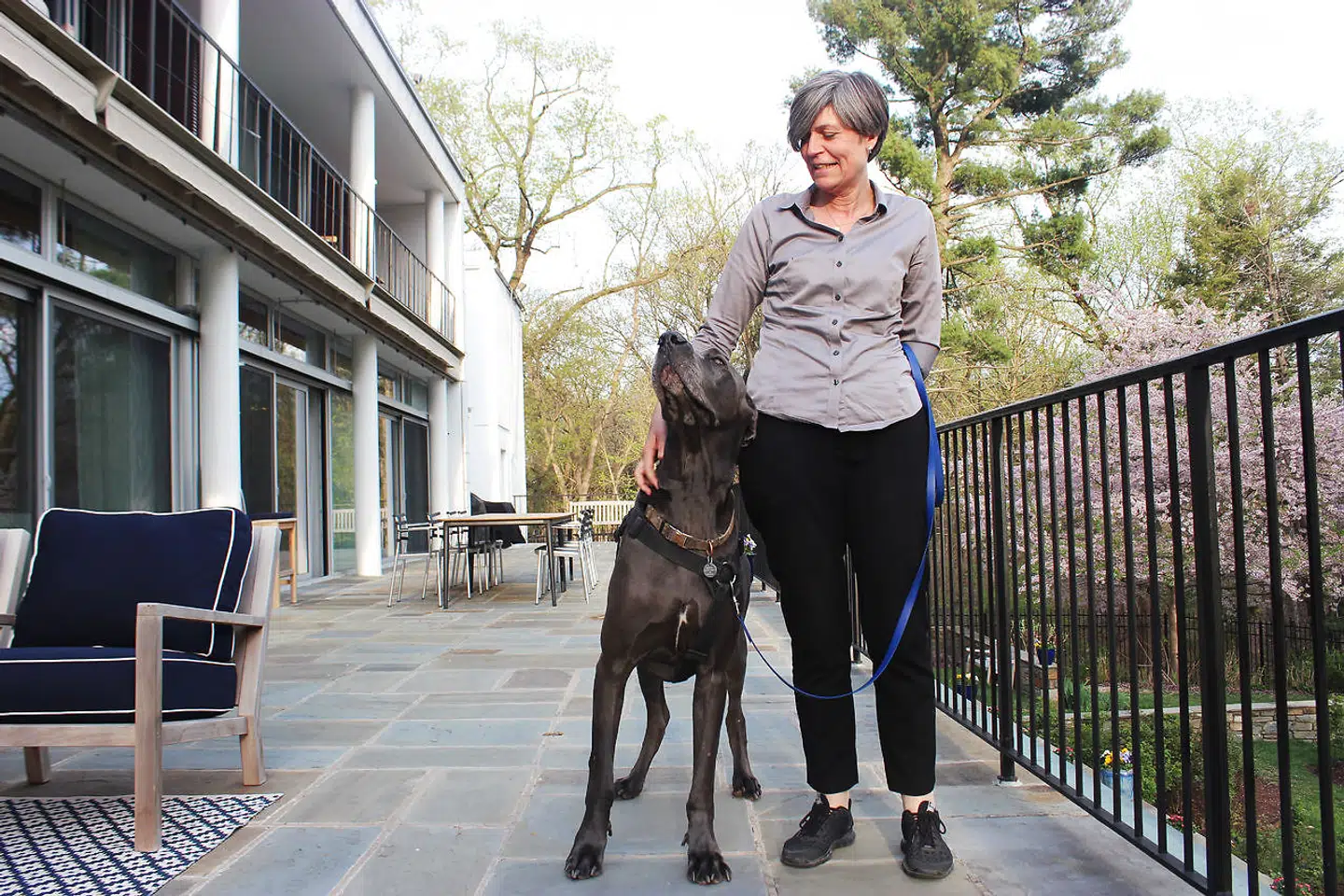 Cæsar er meget kærlig. Her med sin ejer på den danske ambassades balkon i Washington. Lone Dencker Wisborg har altid været vild med hunde, og da hun drog ud som ambassadør første gang i 2011 – dengang til Spanien – havde hun også hunde med fra Danmark.