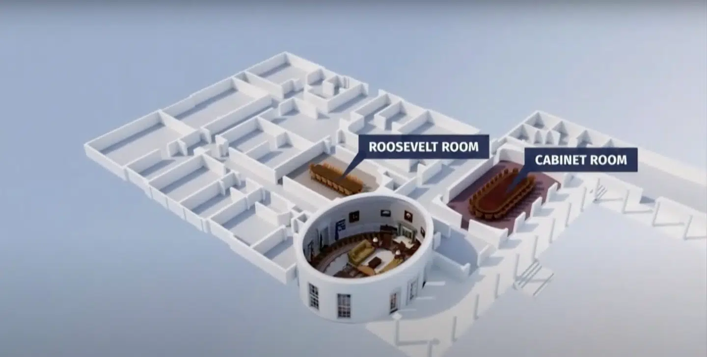 Det dramatiske møde begyndte i Det Ovale Kontor, men bevægede sig over de efterfølgende timer ud i andre lokaler i Det Hvide Hus' Vestfløjen.