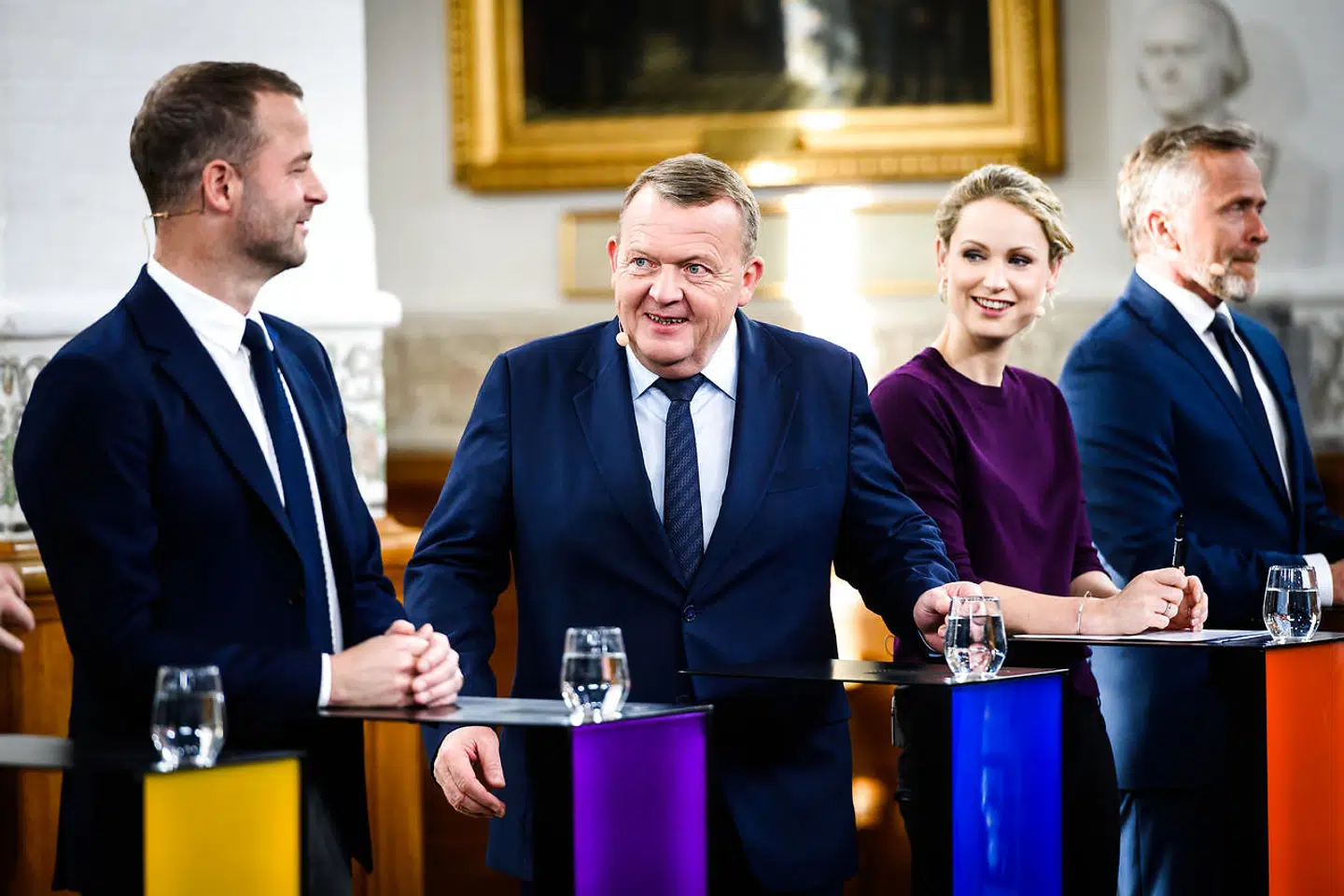 Morten Østergaard, Lars Løkke Rasmussen, Pernille Skipper og Anders Samuelsen. Statsminister Lars Løkke Rasmussen ankommer til valgkampens første partilederrunde på DR på Christiansborg, tirsdag den 7. maj 2019. (Foto: Ida Marie Odgaard/Scanpix 2019)