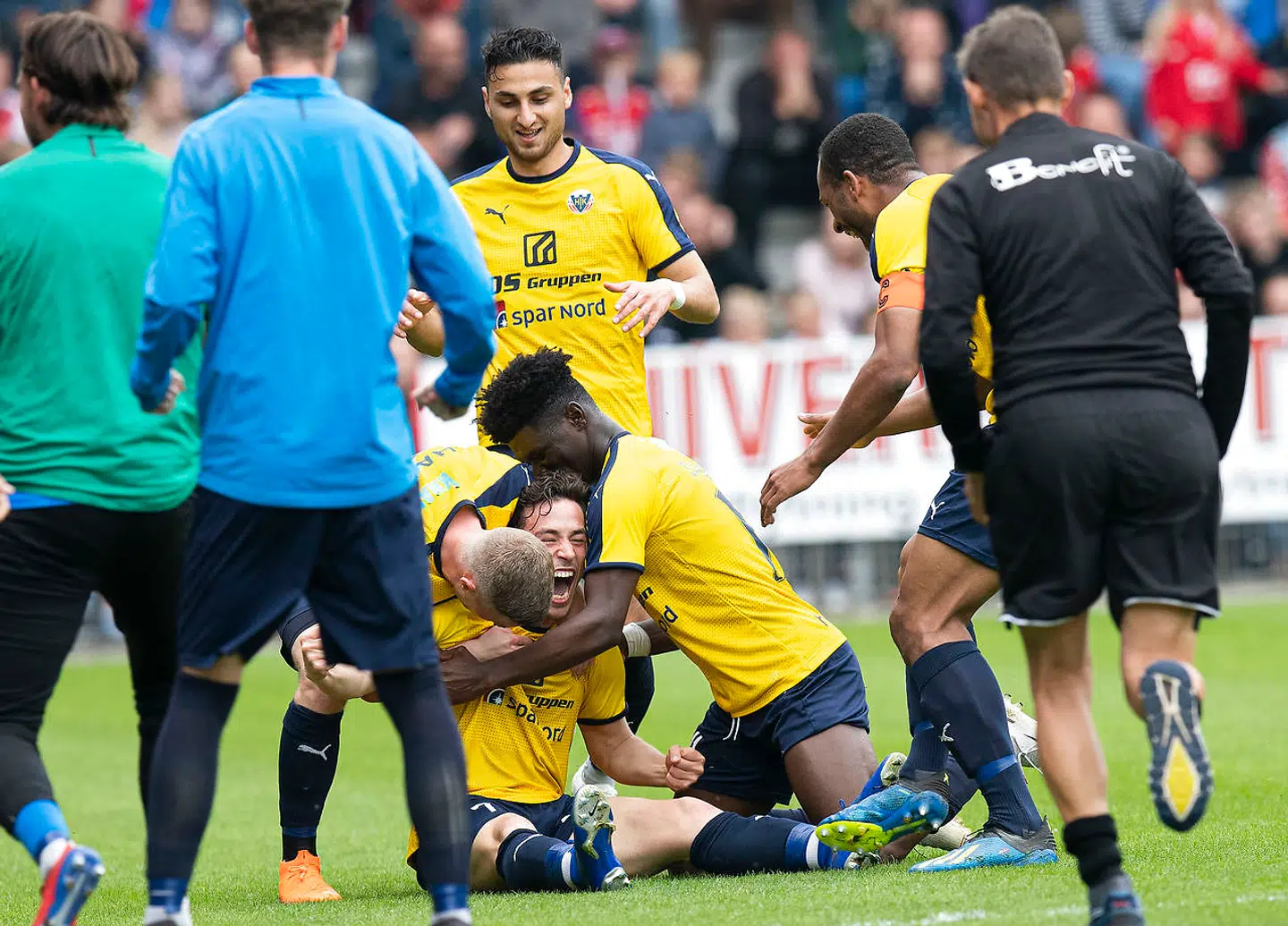 Vito Hammershøy-Mistrati (Hobro - 7) jubler efter sin scoring til 0 - 1. Superliga Fodbold Vejle Boldklub mod Hobro. Vejle Stadion. Søndag den den 19 maj 2019. Afgørende kamp om nedrykning fra Superligaen.. (Foto: Claus Fisker/Ritzau Scanpix)