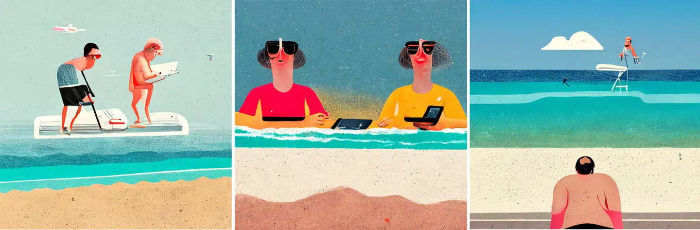 Hvad bliver konsekvensen af programmer som DALL-E 2 og Midjourney for verdens illustratorer og grafiske designere? Hvis kommandoen lyder »Illustrators on lifelong vacation cause AI took their job« genereres disse tre billeder. Illustration: Midjourney