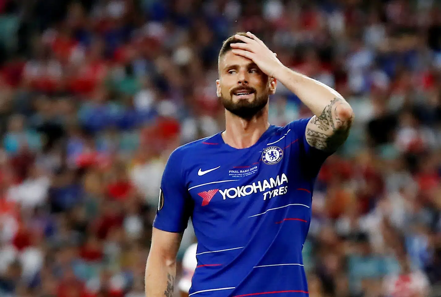 Soccer Football - Europa League Final - Chelsea v Arsenal - Baku Olympic Stadium, Baku, Azerbaijan - May 29, 2019 Chelsea's Olivier Giroud reacts REUTERS/Maxim Shemetov