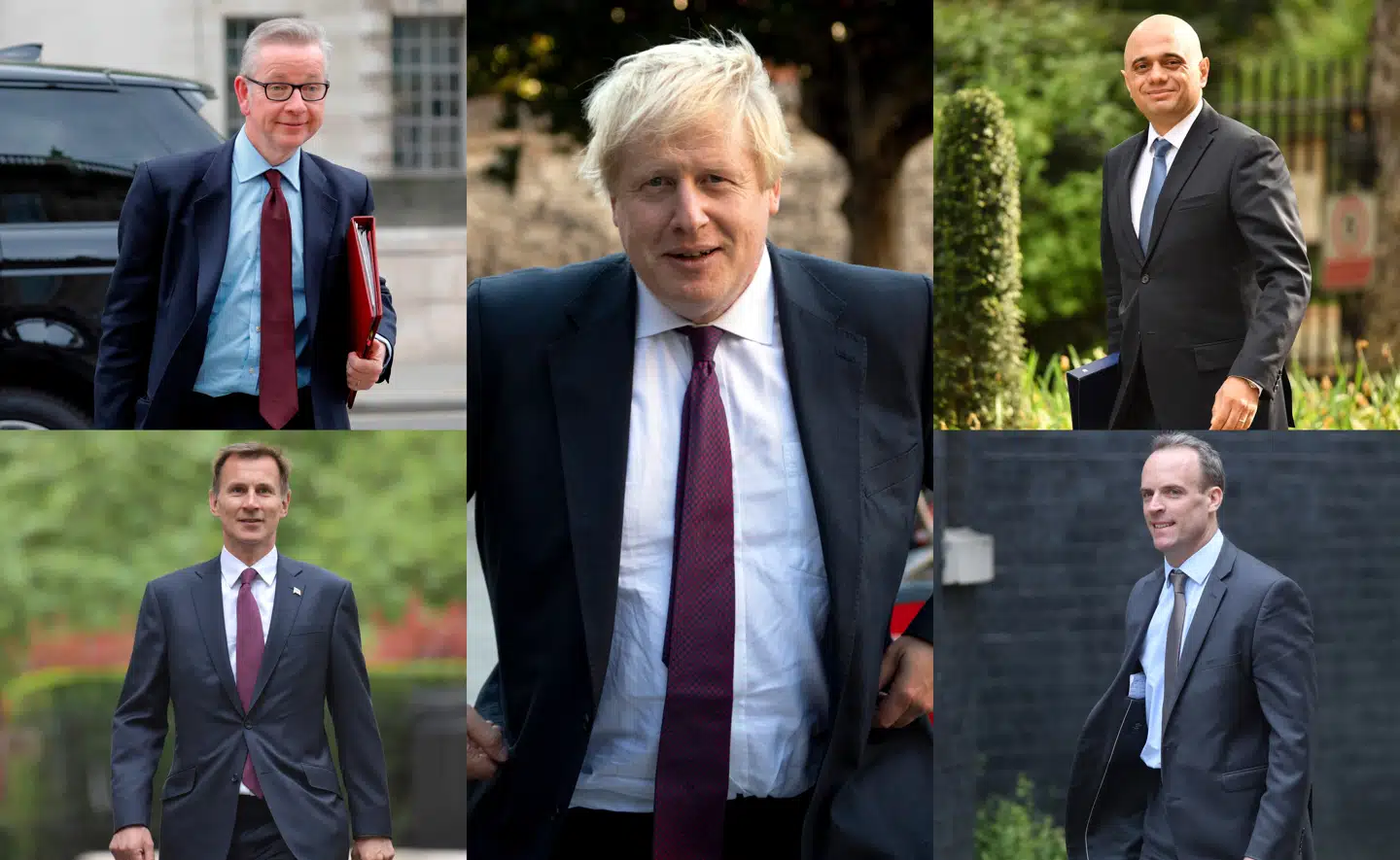 Mød de fem mænd, der kan bliver den næste britiske premierminister: Michael Gove, Jeremy Hunt, Boris Johnson, Sajid Javid og Dominic Raab.