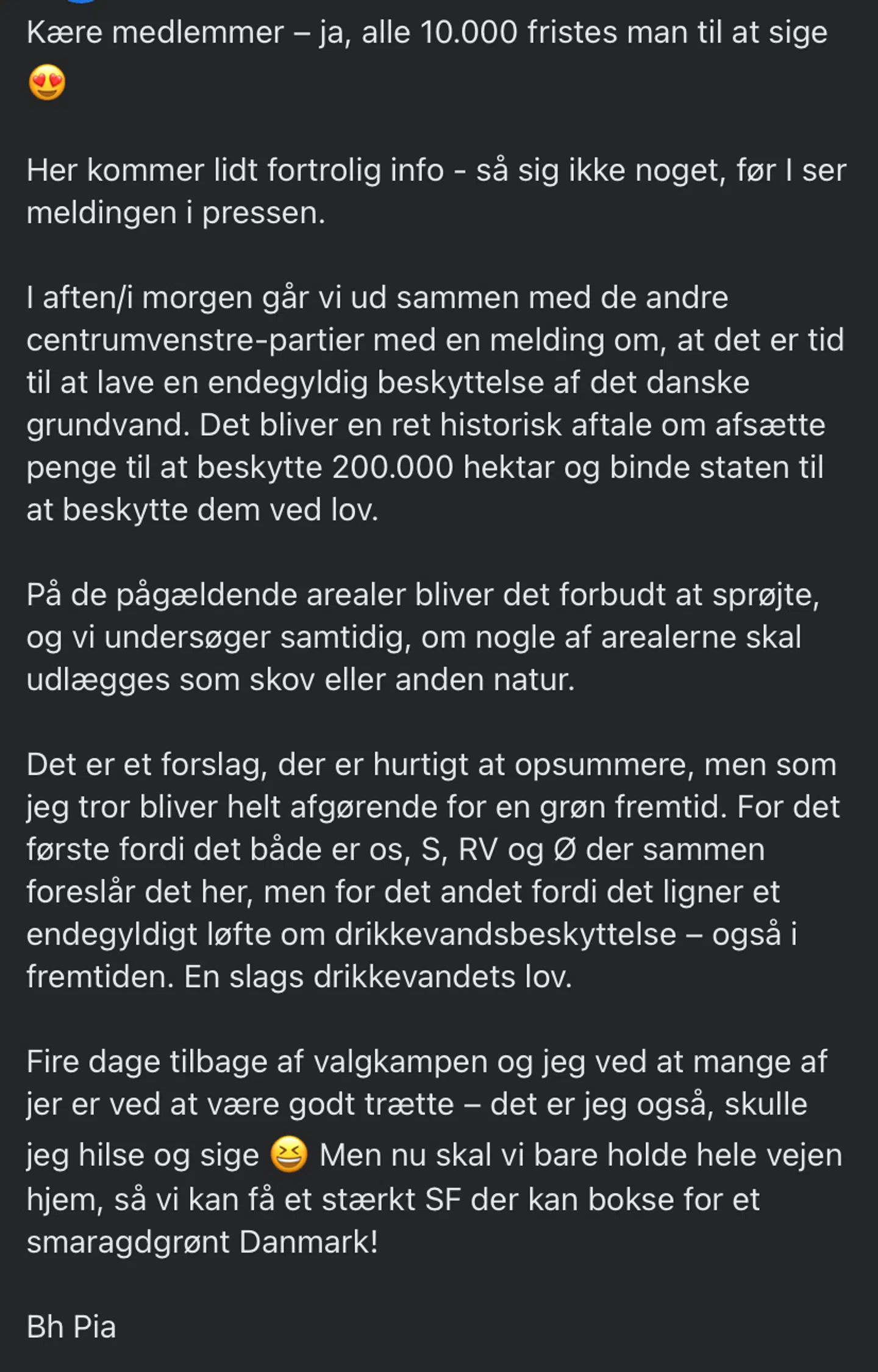 Her er den 'fortrolige info', Pia Olsen Dyhr har delt i medlemsgruppen på Facebook.