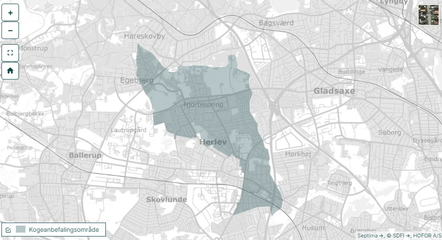 Kortet her viser hvilke områder i Herlev, der lørdag er omfattet af kogeanbefaling.