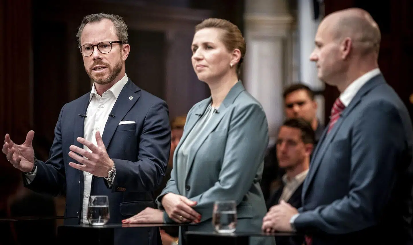 Fra venstre: Jakob Ellemann-Jensen (V), Mette Frederiksen (S) og Søren Pape Poulsen (K).