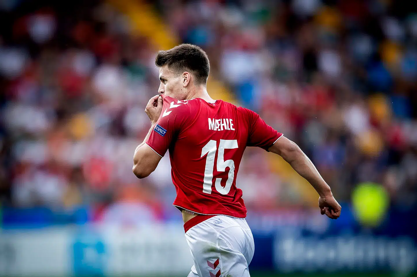Joakim Mæhle ved 1-0 under U-21 EM kampen mellem Danmark-Østrig på Stadio Friuli i Udine, torsdag den 20 juni 2019.
