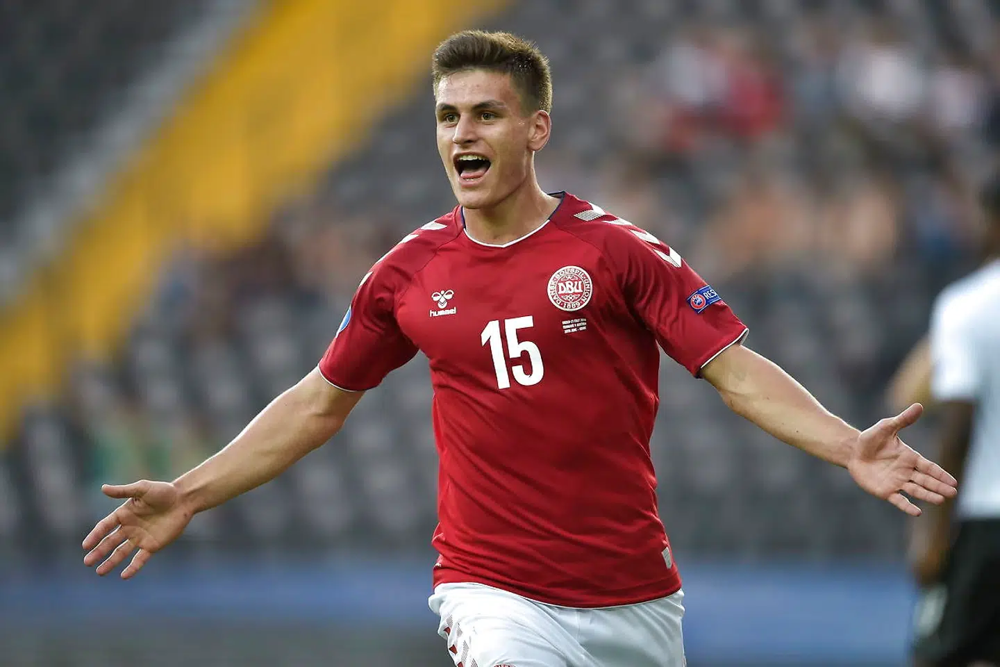 Joakim Mæhle jubler efter scoringen til 2-1. U-21 EM kamp mellem Danmark-Østrig i Udine, torsdag den 20 juni 2019. (Foto: Liselotte Sabroe/Scanpix 2019)