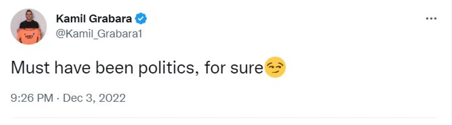 Kamil Grabaras tweet i kølvandet på, at Ryan droppede fælt i VM-ottendedelsfinalen. Inden da havde Ryan antydet, at der ligger politik bag, at Grabara holder Ryan på bænken i FCK.