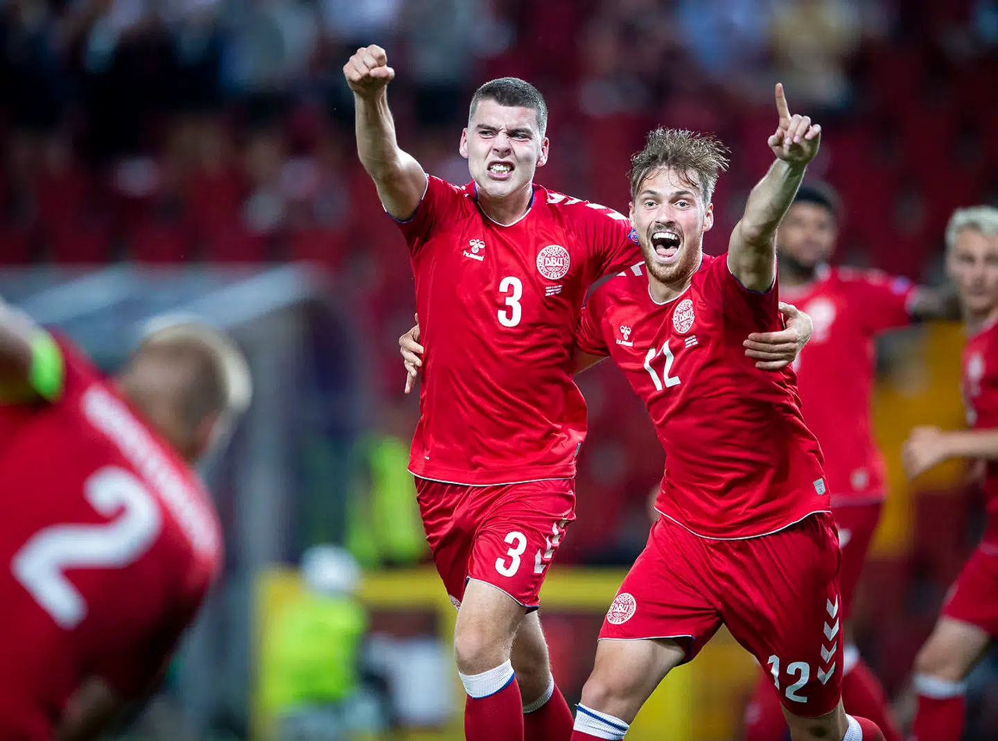 Danmarks Jacob Rasmussen til 2-0, her med Asger S. Sørensen under U-21 EM landskampen mellem Danmark-Serbien i Trieste, søndag den 23 juni 2019.. (Foto: Liselotte Sabroe/Ritzau Scanpix)