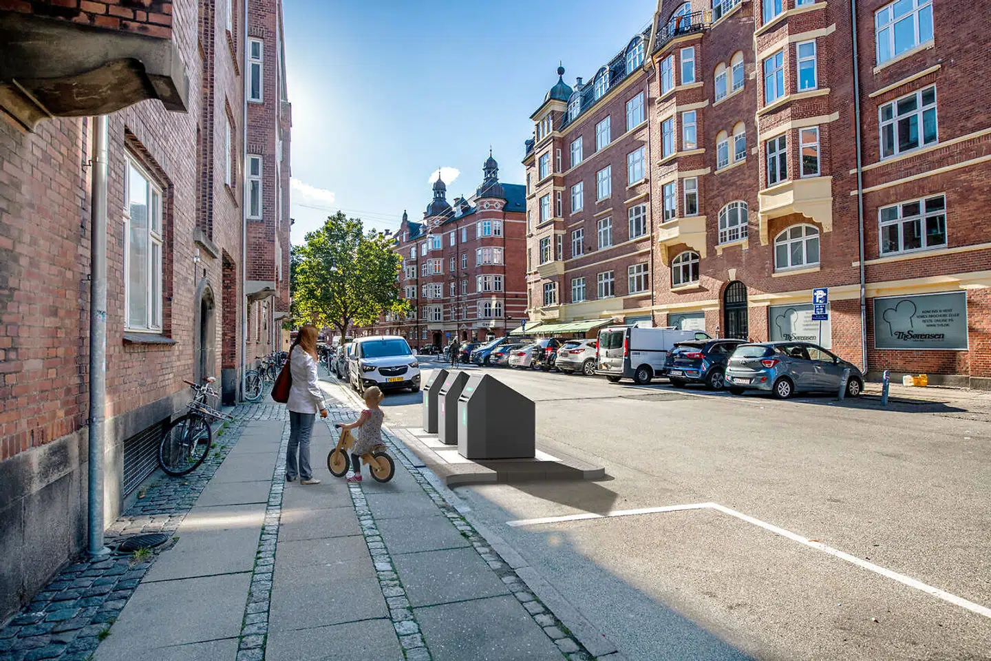 Her nogle af de containere, der fylder mindst, og hvor en del af affaldet befinder sig under jorden. Illustration: C.F. Møller