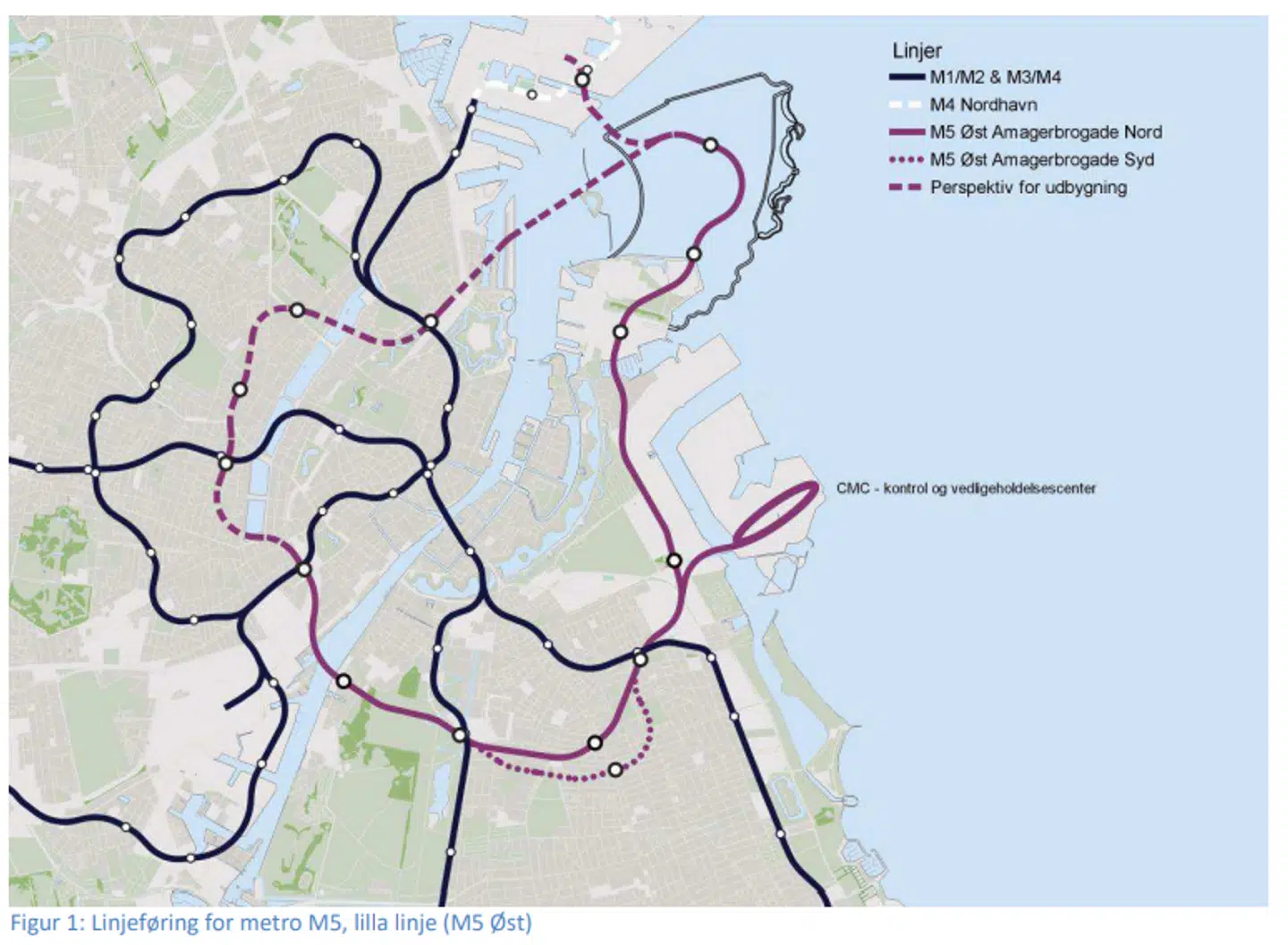 Kortet over M5 Øst, eller »lilla linje«, som blev brugt i forbindelse med idefasehøringen.