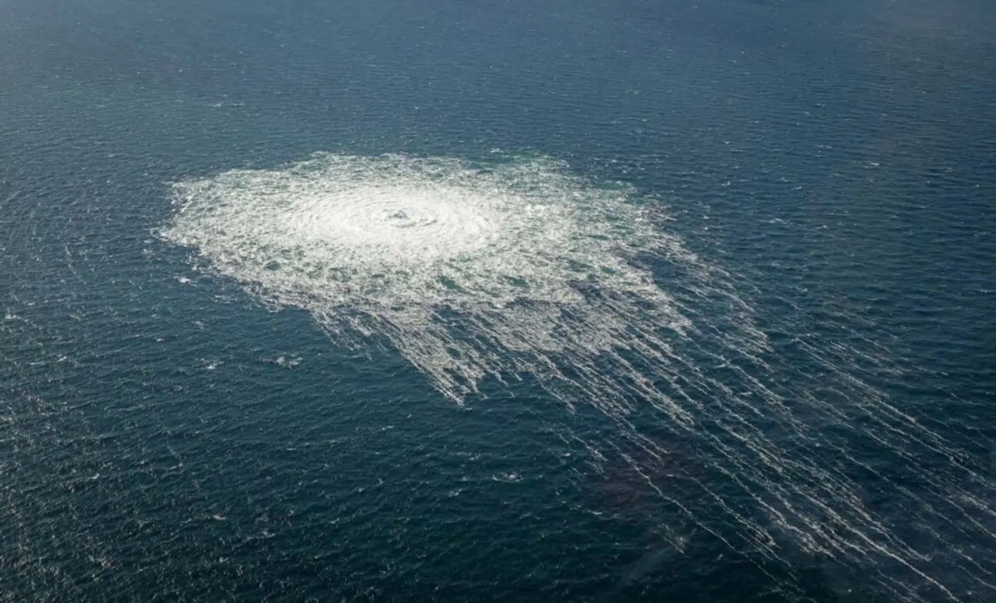 FILE PHOTO: Gas bubbles from the Nord Stream 2 leak reaching surface of the Baltic Sea in the area shows disturbance of well over one kilometre diameter near Bornholm, Denmark, September 27, 2022. Danish Defence Command/Handout via REUTERS THIS IMAGE HAS BEEN SUPPLIED BY A THIRD PARTY./File Photo