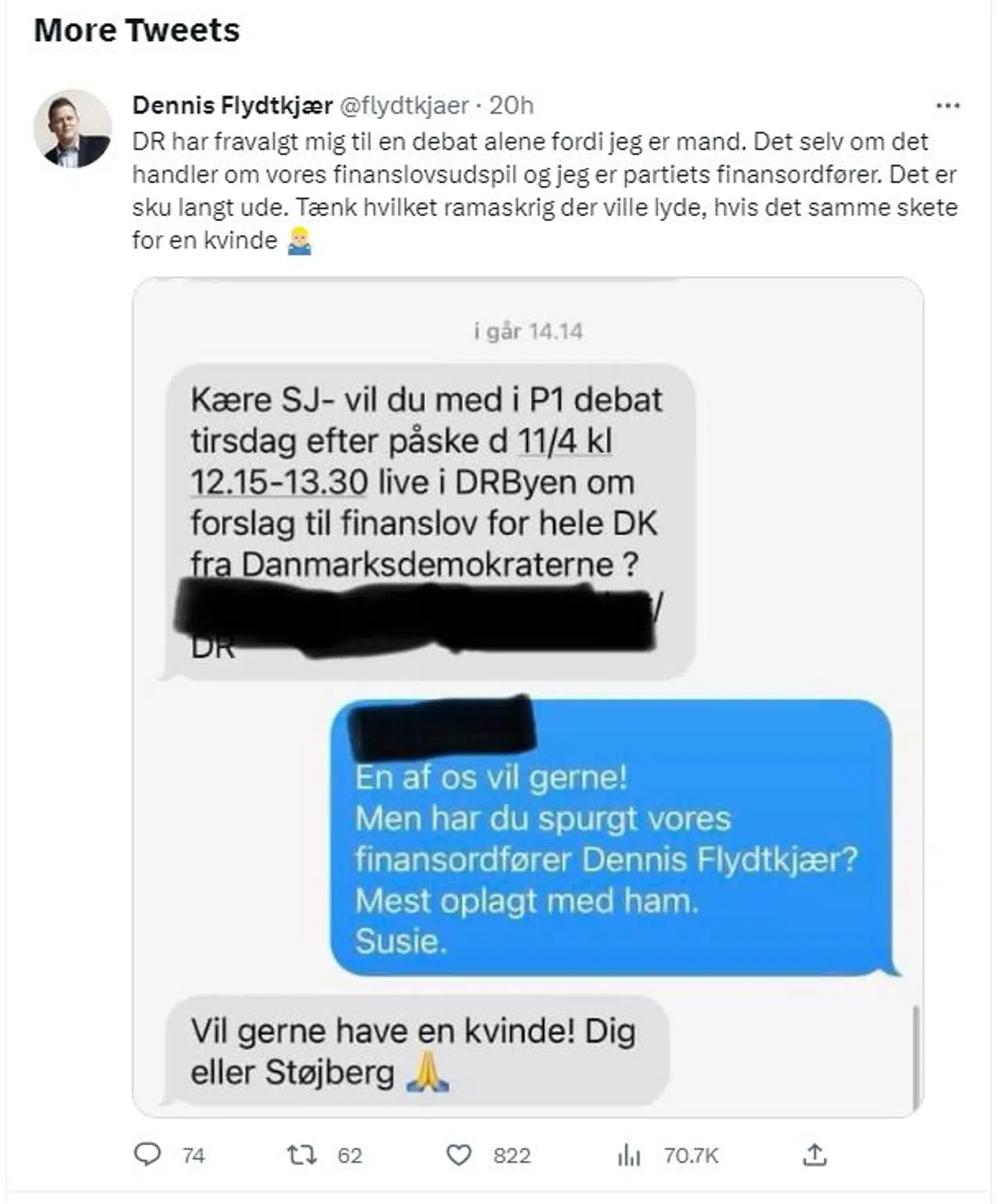 Danmarksdemokraternes finansordfører, Dennis Flydtkjær, er pikeret over, at DR ville fravælge ham til en debat om partiets nye finanslovsudspil. (Det er Danmarksdemokraterne, der har overstreget navnet på journalisten fra DR).