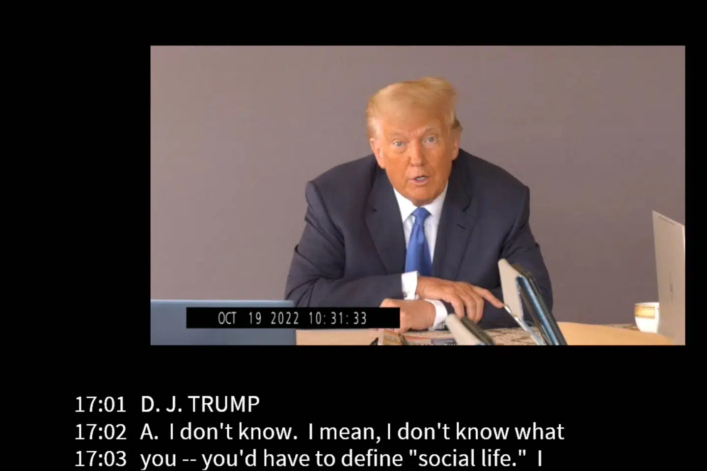 Onsdag blev en video, hvor Donald Trump forklarer sig i en sag om ærekrænkelse og voldtægt afspillet for et nævningeting. (Arkivfoto). Ej Carroll Legal Team Handout/Reuters