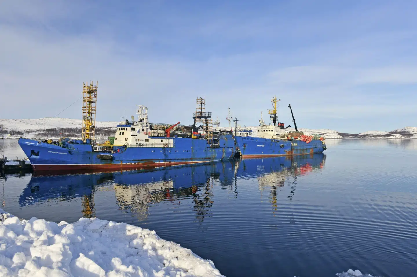 Et par russiske trawlere i havnen i byen Kirkenes i det nordlige Norge, inden sanktionerne blev indført. Efter den russiske invasion af Ukraine strammede Norge reglerne for russiske skibe i norske havne - men de regler kan være blevet overtrådt. (Arkivfoto) Michael Narten/Ritzau Scanpix