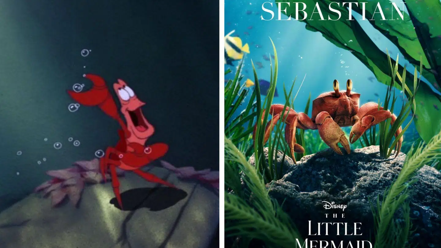 Krabben Sebastian i originalen fra 1989 og i 2023-versionen.