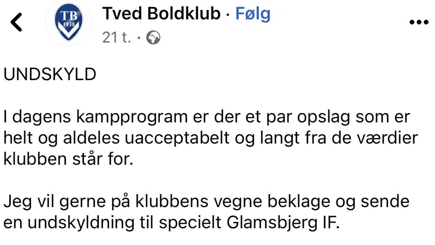 Tved har skrevet undskyld på Facebook.