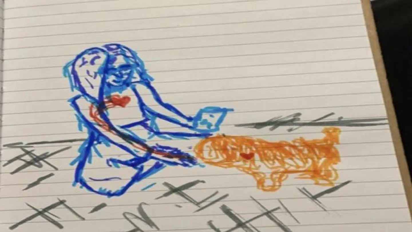 En tegning, som den 16-årige pige har tegnet, der viser, hvordan hendes bånd til hunden Rita føles.