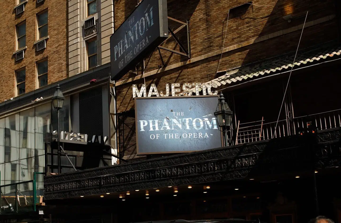 Exterior view of the Majestic Theatre in New York City in New York on April 14, 2023. - The honor comes as Webber's iconic musical, "The Phantom of the Opera, " prepares for its final weekend of shows. (Photo by KENA BETANCUR / AFP)