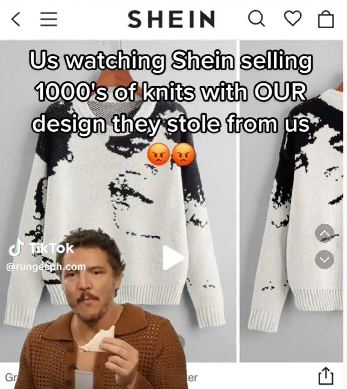 Skærmfoto af Runges TiikTok-video, hvor Silas skriver, han mener, Shein har stjålet deres design.