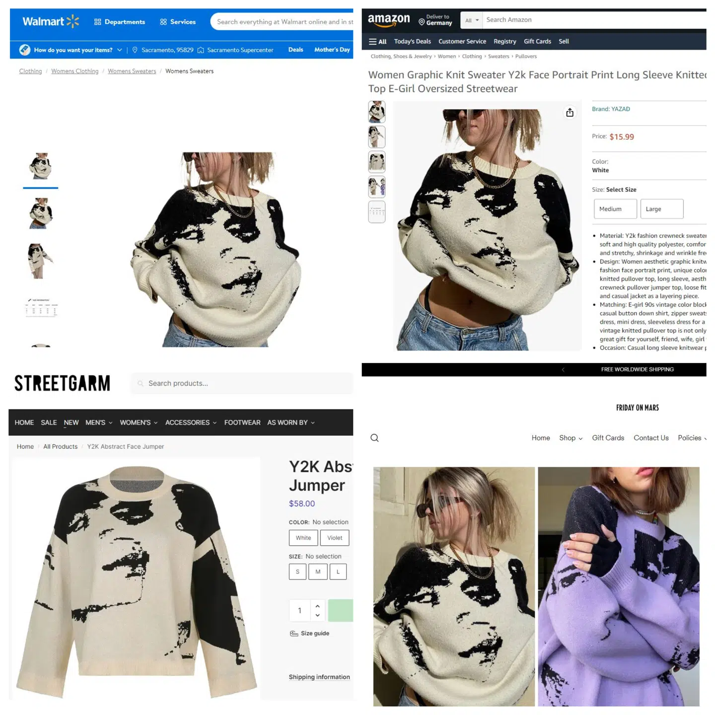 Fire hjemmesider, hvor Silas Runge har fundet sit design. Walmart (øverst venstre), Amazon (øverst højre), Streetgarm (nederst venstre), Friday On Mars (nederst højre)