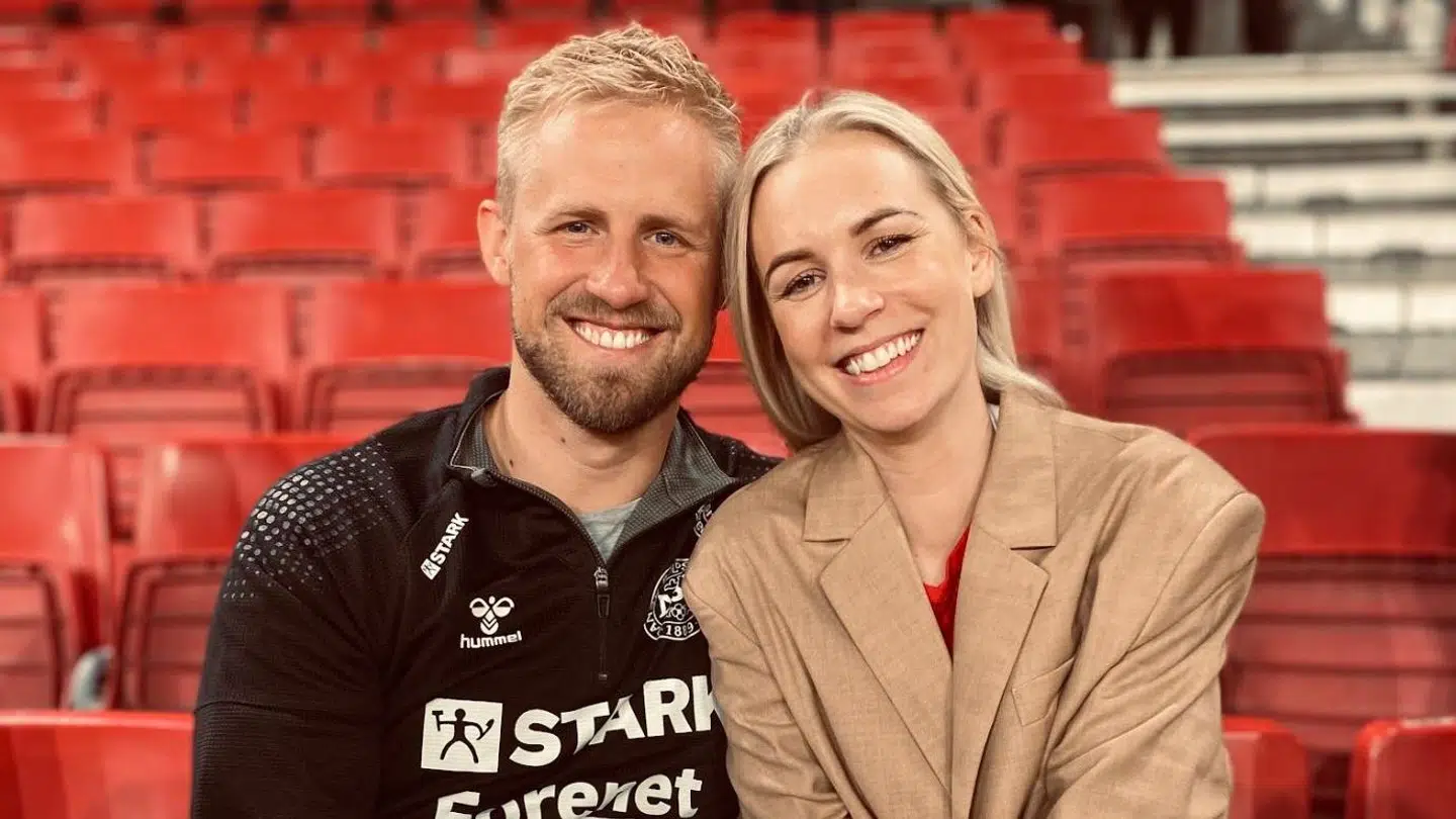Den danske landsholds- og Nice-målmand Kasper Schmeichel med hustruen, Stine Schmeichel, der begge er med i Fodboldfondens bestyrelse.