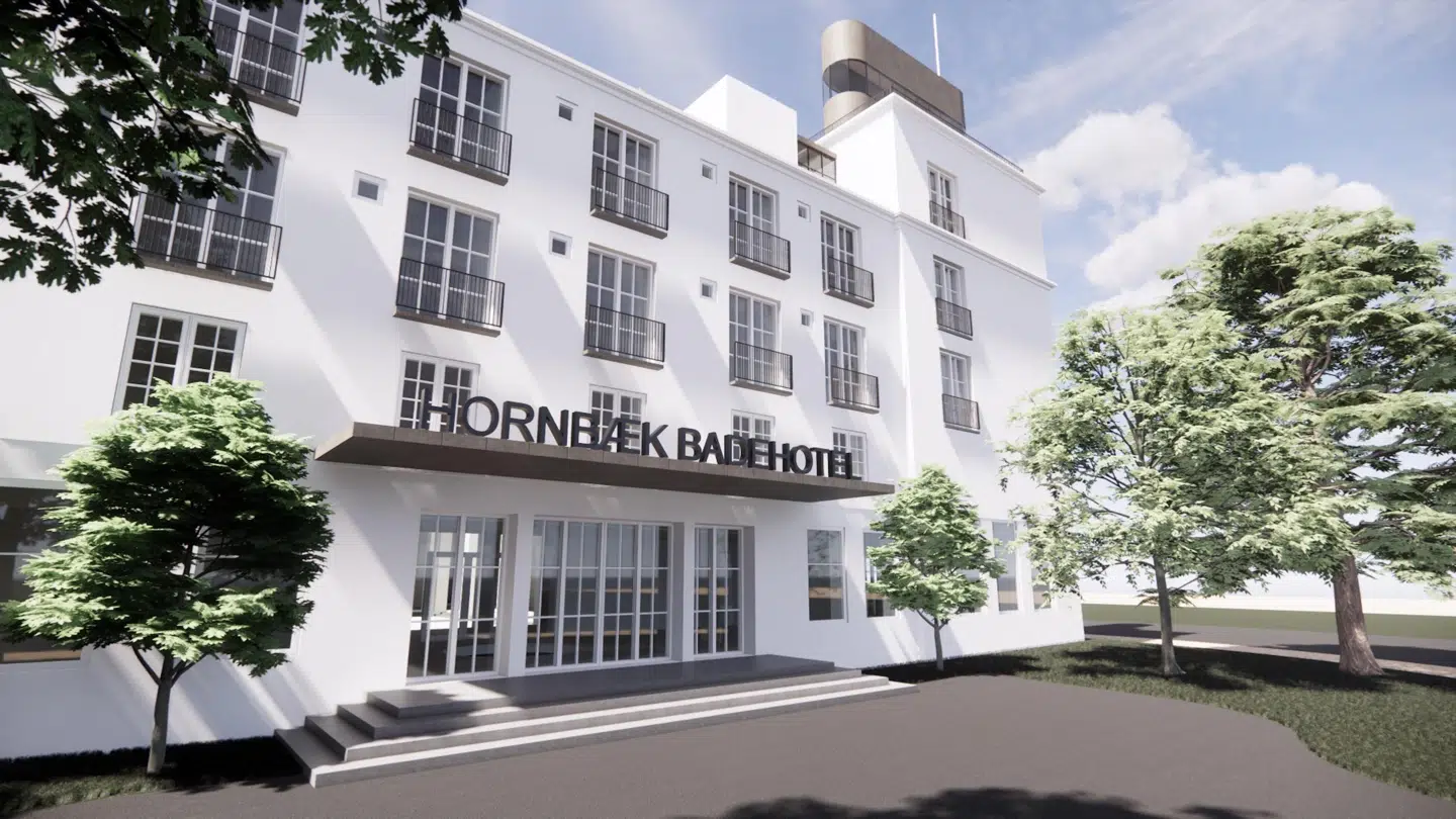 Visualisering af arkitekt, Jon Clausen, NVMBR Architects med et bud på hvordan Hornbæk Badehotel kan komme til at se ud.